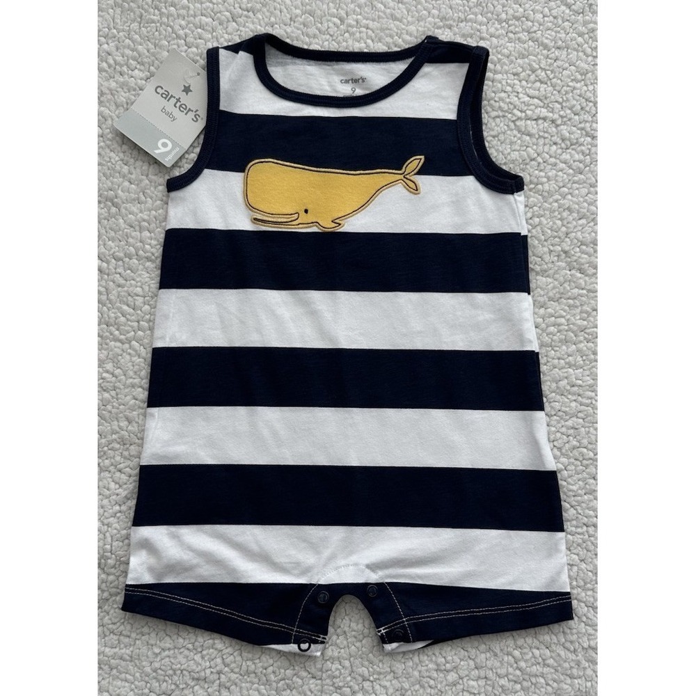 NEW Carters Baby Boy Clothes 9 Months Romper Cute Summer Outfit Whale Stripes 9M